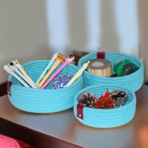 3 Pc Open Cotton Rope basket Turquoise Blue