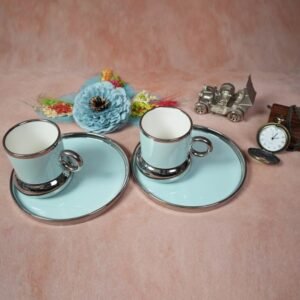 White Gold Luxurious Ceramic Cup & Saucer (Set of 2) – Turquoise Blue