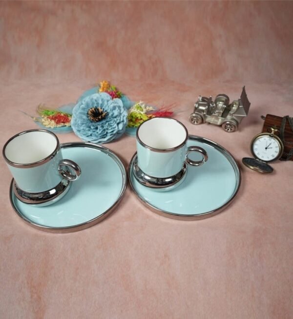 White Gold Luxurious Ceramic Cup & Saucer (Set of 2) - Turquoise Blue - Image 2