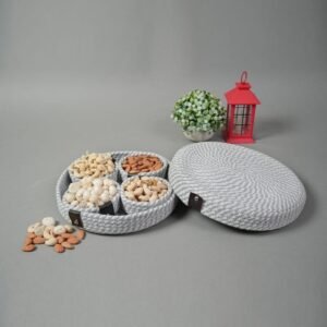 Cotton Rope Round Handmade Dry Fruit Box with Serving Tray for Sweets, Chips, Cookies Other Snacks (White & Grey)