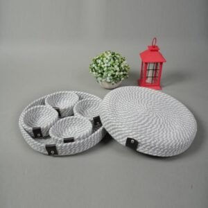 Cotton Rope Round Handmade Dry Fruit Box with Serving Tray for Sweets, Chips, Cookies Other Snacks (White & Grey)