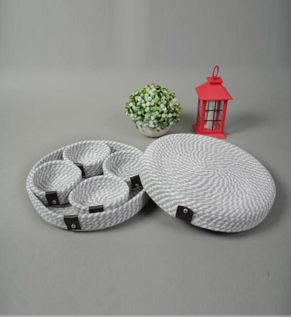 Cotton Rope Round Handmade Dry Fruit Box with Serving Tray for Sweets, Chips, Cookies Other Snacks (White & Grey) - Image 2