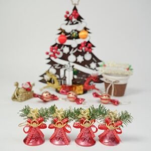 Christmas Tree Decorations Ornaments Red Bow Plastic Bells (4 Pcs Set)