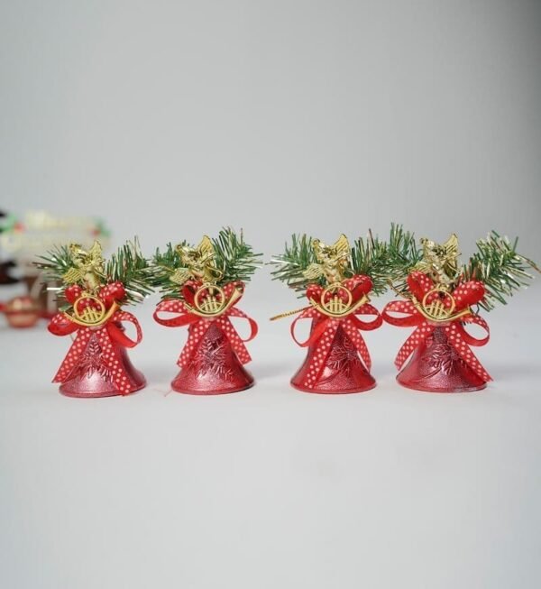 Christmas Tree Decorations Ornaments Red Bow Plastic Bells (4 Pcs Set)