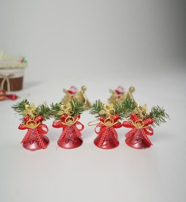 Christmas Tree Decorations Ornaments Red Bow Plastic Bells (4 Pcs Set) - Image 3