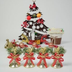 Christmas Tree Decorations Ornaments Gold and Red Bow Plastic Bells (4 Pcs Set)