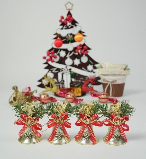 Christmas Tree Decorations Ornaments Gold and Red Bow Plastic Bells (4 Pcs Set)