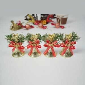 Christmas Tree Decorations Ornaments Gold and Red Bow Plastic Bells (4 Pcs Set)