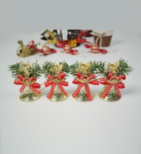 Christmas Tree Decorations Ornaments Gold and Red Bow Plastic Bells (4 Pcs Set) - Image 2