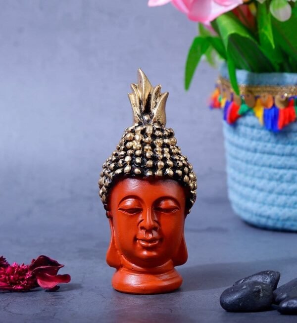 Buddha Head Statue - Decorative Buddha Idol Showpiece for Home Living Room, Table, Decoration Gift (Orange)