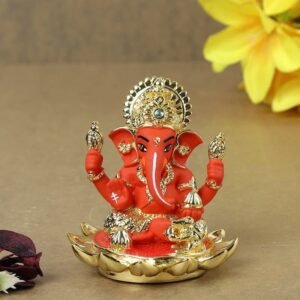 Gold plated Red Ganesha Statue | Car Dashboard idols | Decorative Showpiece – 8 cm (Polyresin – Red, Gold)