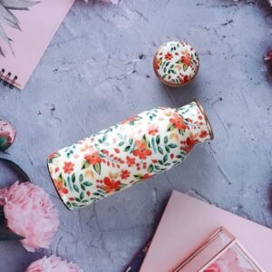 Copper Water Bottle | White & Flower Design | 500 ml