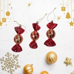 Christmas Decorations Red and Gold Glitter Electroplated Plastic Candy (With Rope) – 3Pcs