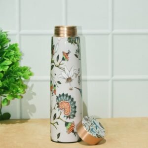 Copper Water Bottle Meena Print With Lacquer Coating Water Bottle with Advanced Leak Proof | White | 950 ml