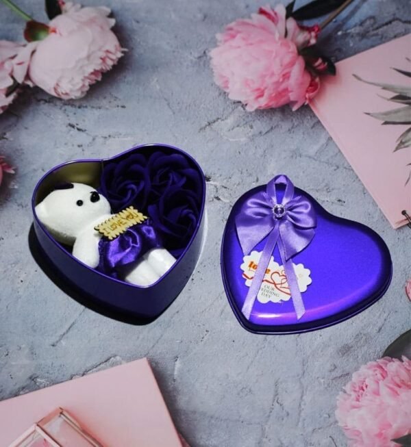 Heart Shaped Gift Tin Box nestled with Teddy and Roses with Love Message Valentine Special - Image 6