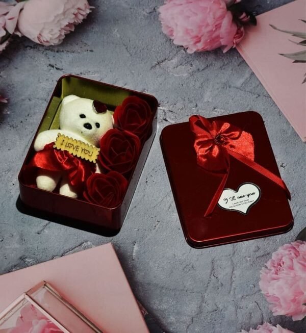 Heart Shaped Gift Tin Box nestled with Teddy and Roses with Love Message Valentine Special - Image 5