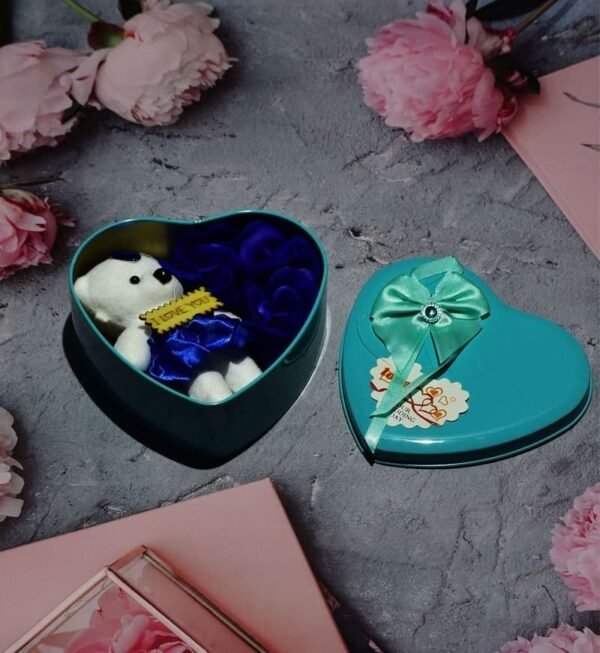 Heart Shaped Gift Tin Box nestled with Teddy and Roses with Love Message Valentine Special - Image 4