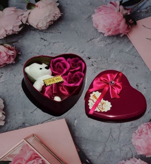 Heart Shaped Gift Tin Box nestled with Teddy and Roses with Love Message Valentine Special - Image 3