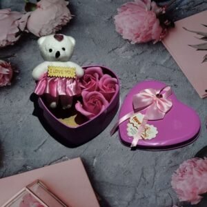 Heart Shaped Gift Tin Box nestled with Teddy and Roses with Love Message Valentine Special