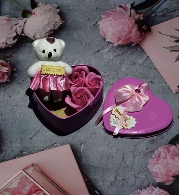 Heart Shaped Gift Tin Box nestled with Teddy and Roses with Love Message Valentine Special - Image 2